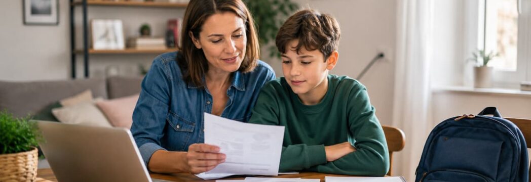 młody chłopak porównuje oferty na nnw szkolne wraz z mamą