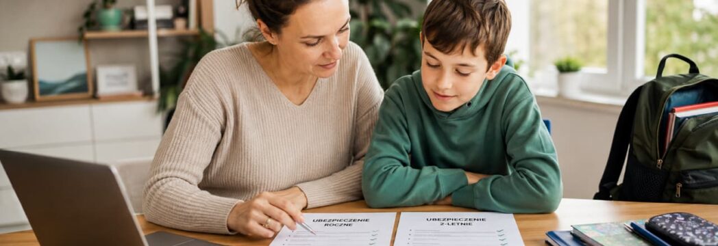 chłopiec porównuje oferty na nnw szkolne wraz z mamą